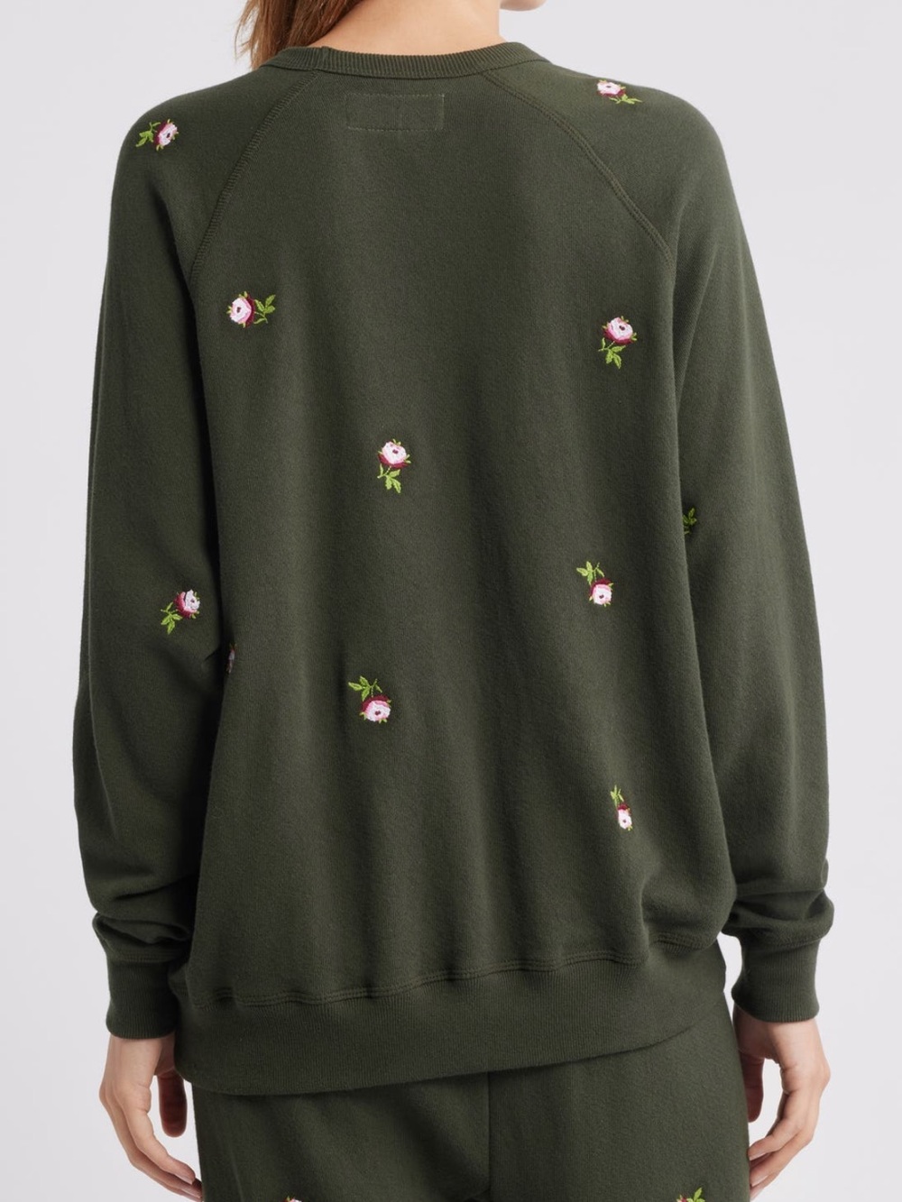 THE GREAT. The College Embroidered Crew Neck Rose Sweatshirt in Woodland Green - Picture 5 of 10